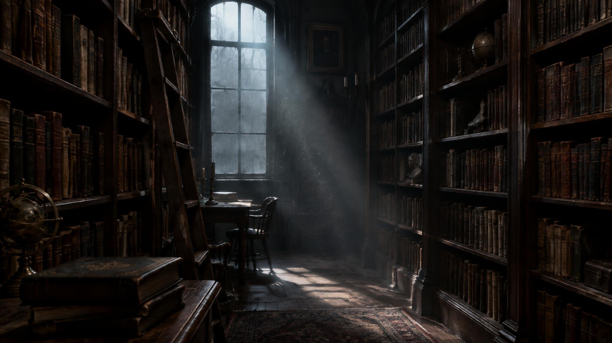 Old library shelves filled with books in dim light