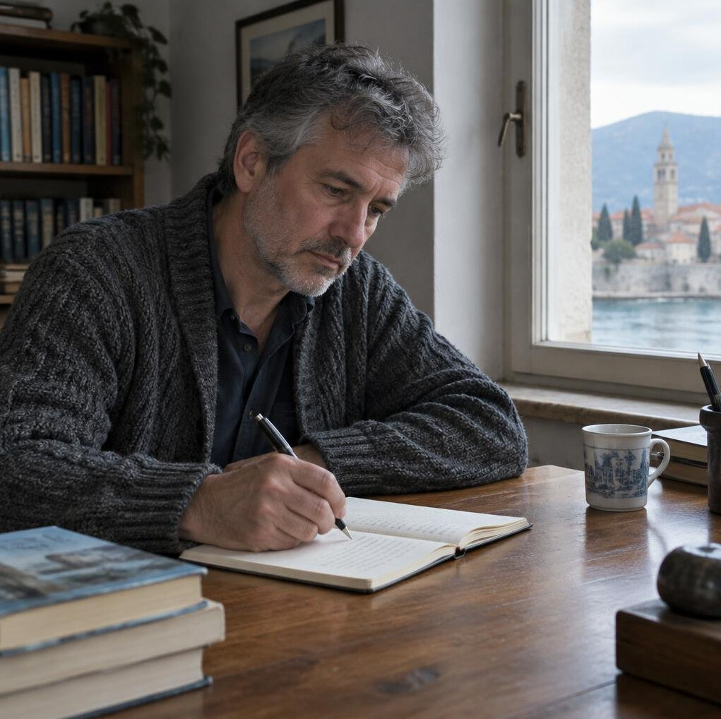 Older Croatian man writing by hand at a wooden desk near a window