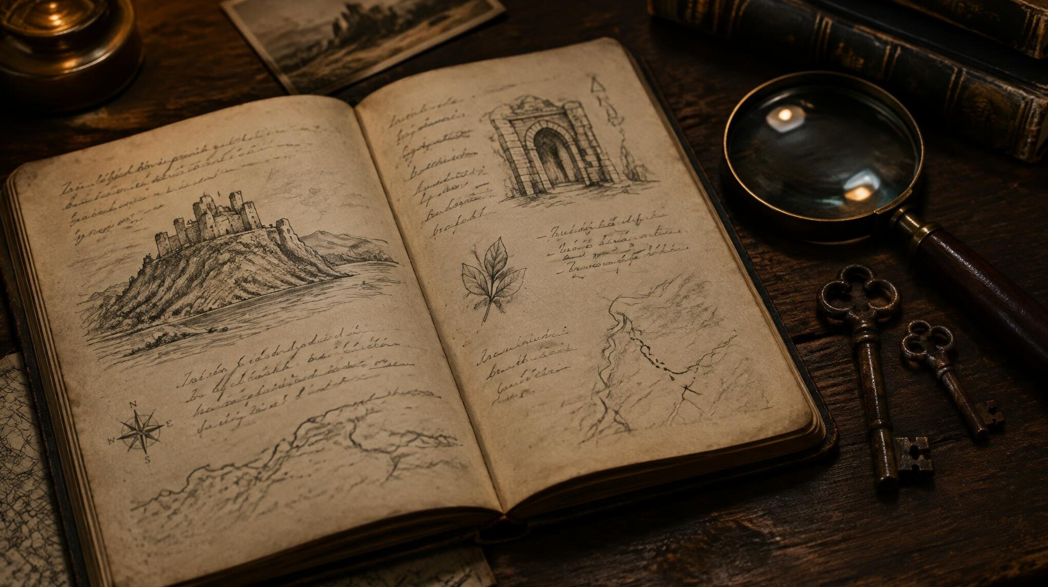 Open notebook with handwritten notes and a magnifying glass on a wooden table