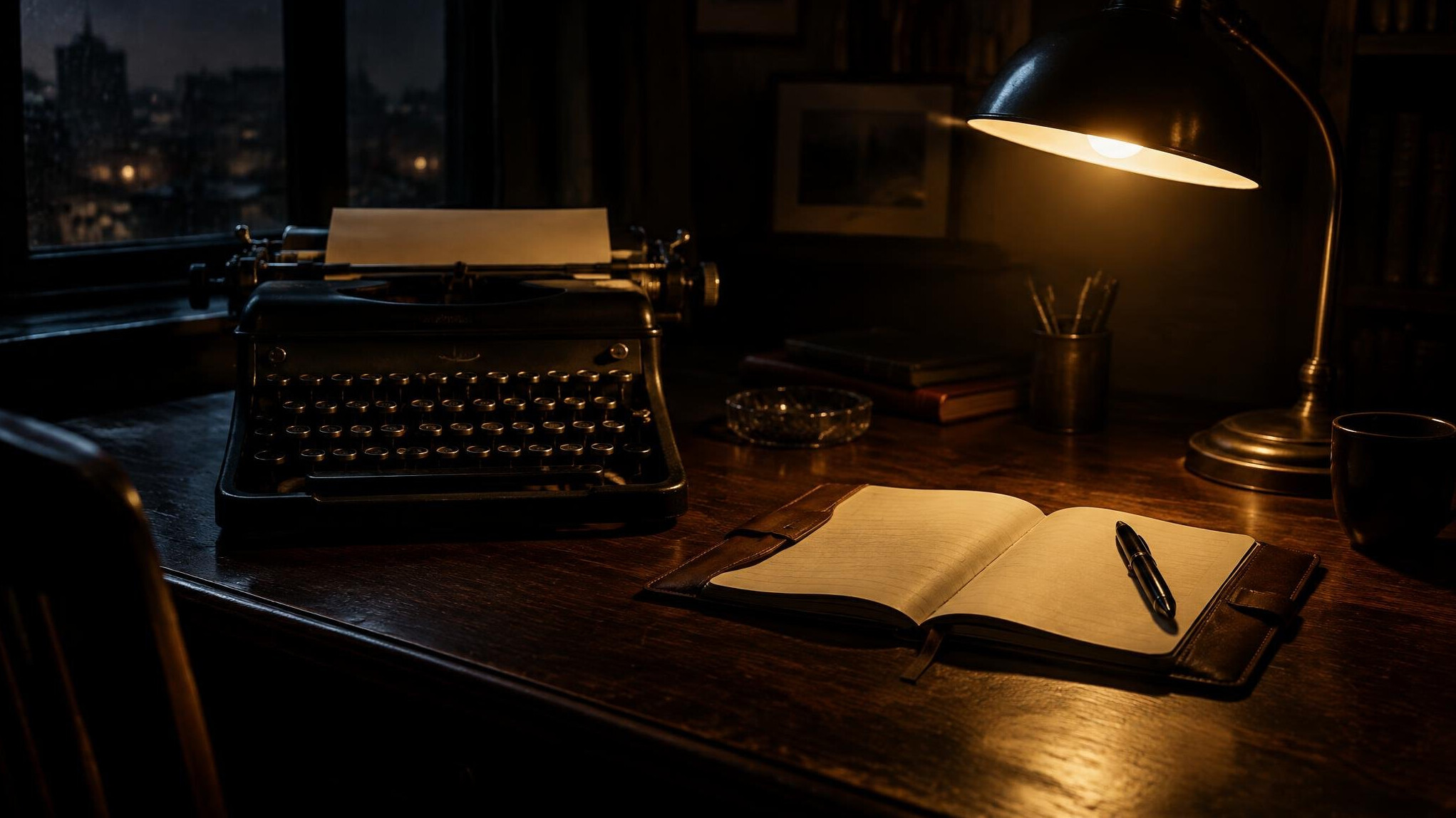 Vintage typewriter and notebook on a wooden desk lit by a lamp