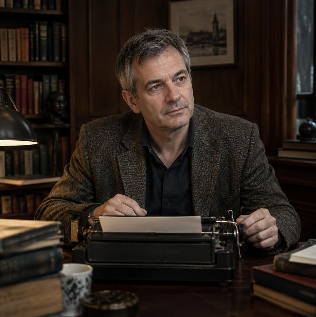 Portrait of a middle-aged Croatian man in a tweed jacket sitting in a study