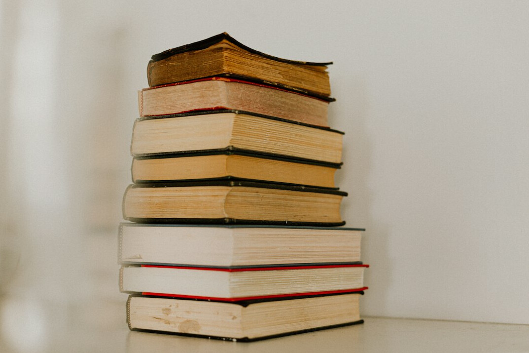suspenseful book stack